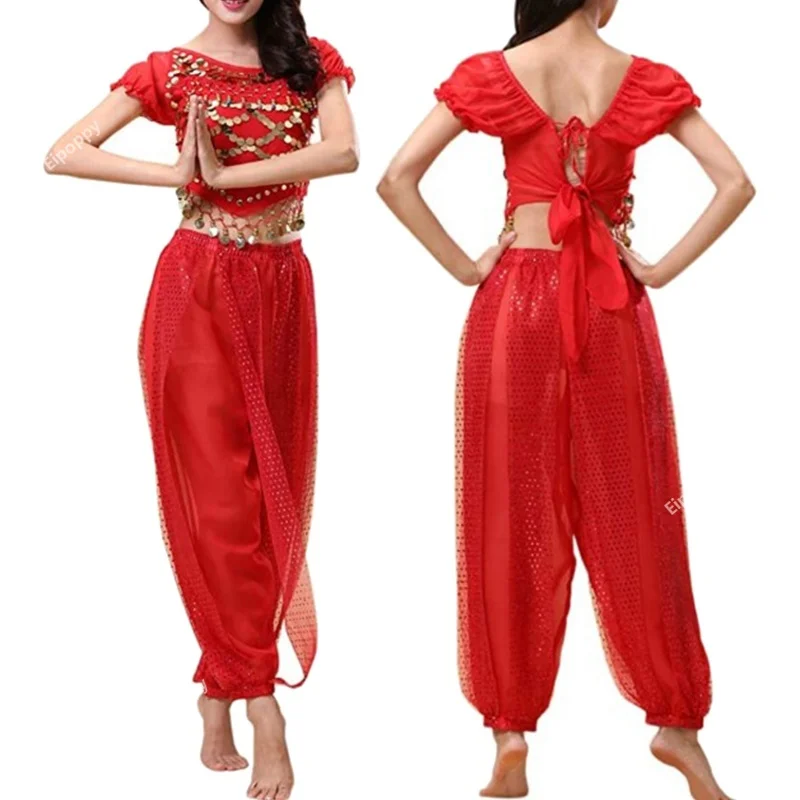 Ensemble de costumes de danse du ventre pour femmes, hauts à paillettes avec sarouel, haut court, pantalon sarouel, tenue de danse arabe d'halloween