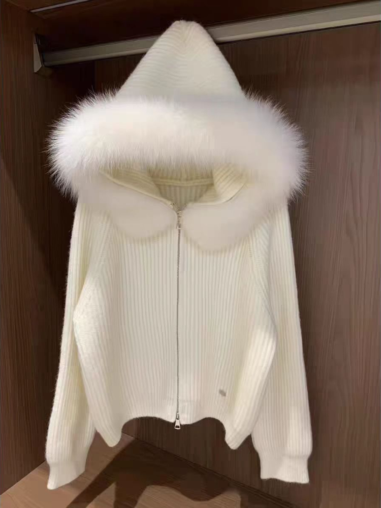 Manteau tricoté à manches longues pour femme, élégant, décontracté, fermeture éclair, à capuche, chaud, doux, Vintage, ample, col en fourrure, nouvelle collection hiver