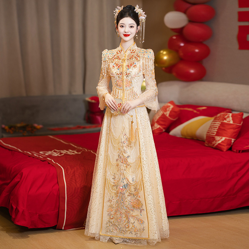 Robe de mariée traditionnelle chinoise modernisée pour Couple, longue broderie Cheongsam, élégante, pour mariée