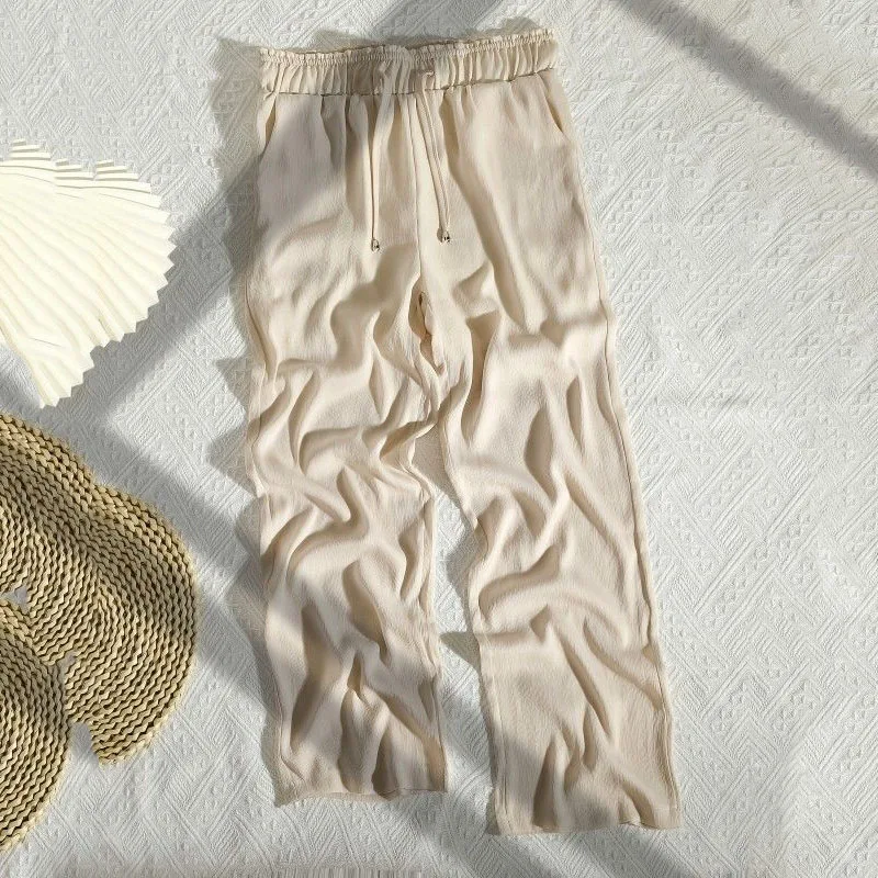 Pantalon large taille haute pour femme, injPants en satin, vintage, proximité, wstring, décontracté, droit, haute qualité
