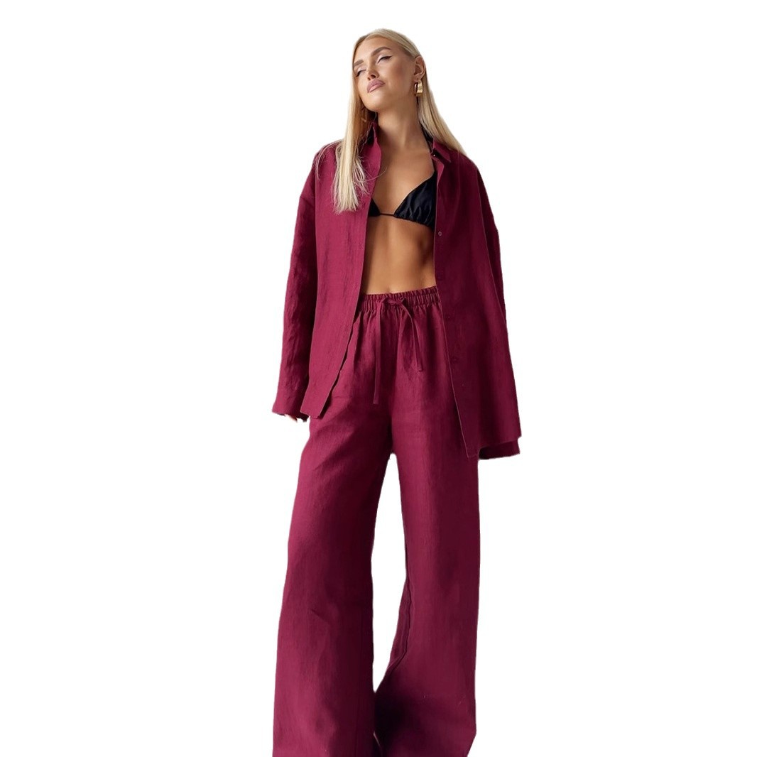 Ensemble classique décontracté en coton solide pour femmes, chemisier ample, pantalon droit, nouvelle mode, revers, manches longues, chemise à simple boutonnage