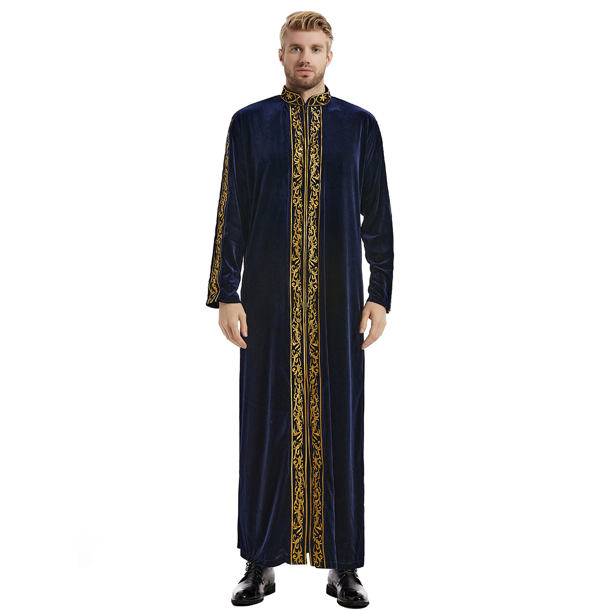 Robe musulmane du Moyen-Orient pour hommes, robe brodée en velours doré, robe de prière islamique arabe, costume national, haut à manches longues de luxe noble