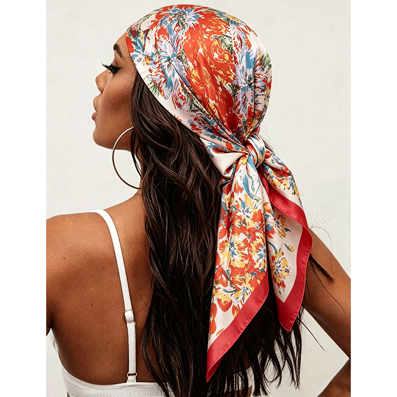 Nouveau Foulard Carré en Soie Synthétique pour Femme, Imprimé Floral, en Satin, Bandana, Écharpe, Cache-col, Hijab 90cm