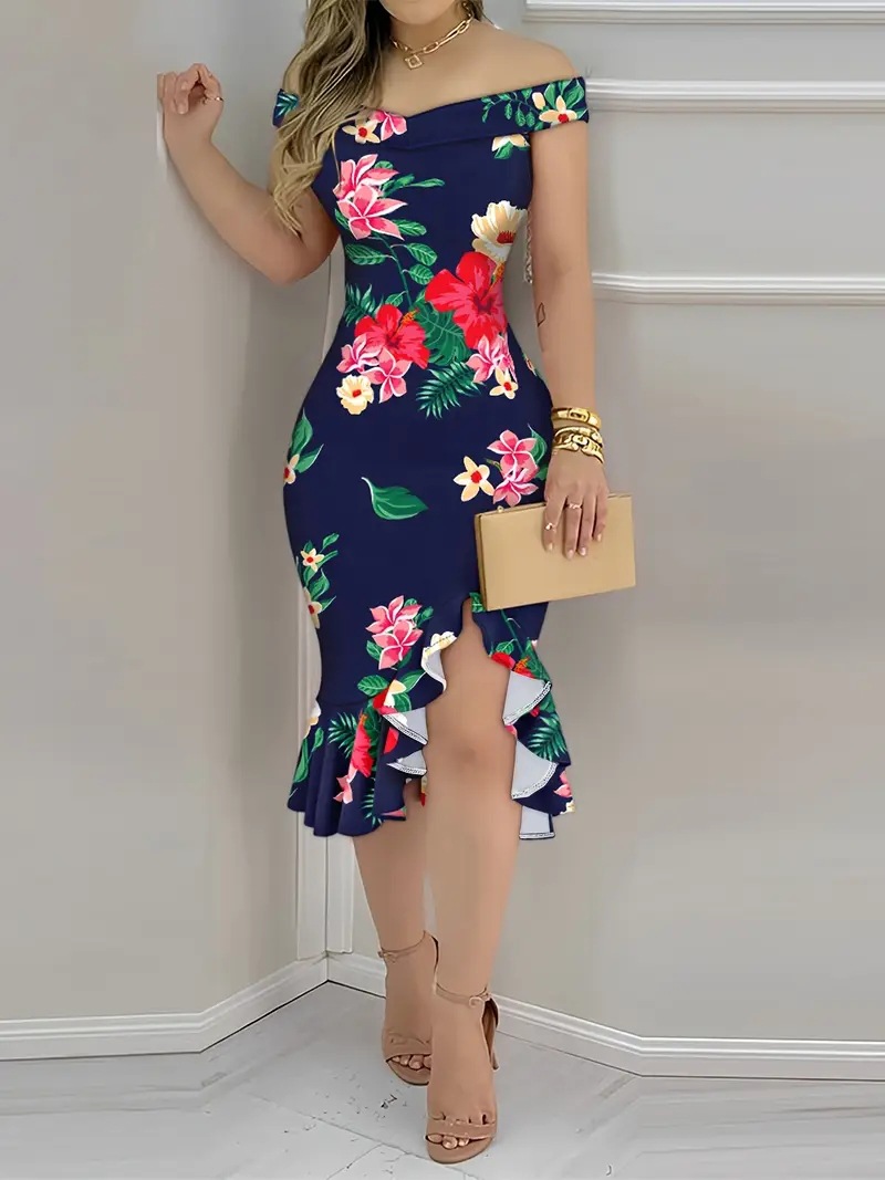 Robe moulante élégante à motif floral pour femme, épaules dénudées, fente avant, ourlet à volants, style sirène, robe de cocktail mi-longue