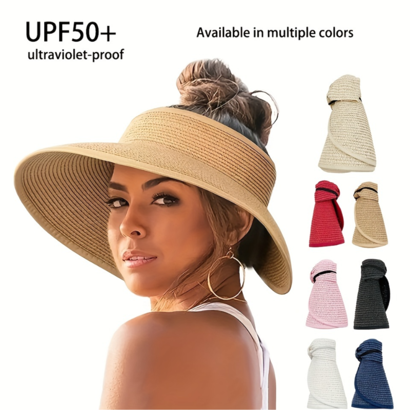 Chapeau Visière d'Été pour Femme - Élégant et Résistant aux UV pour la Randonnée en Plein Air, Casquette de Soleil Pliable à Large Bord, Chapeau de Plage en Paille