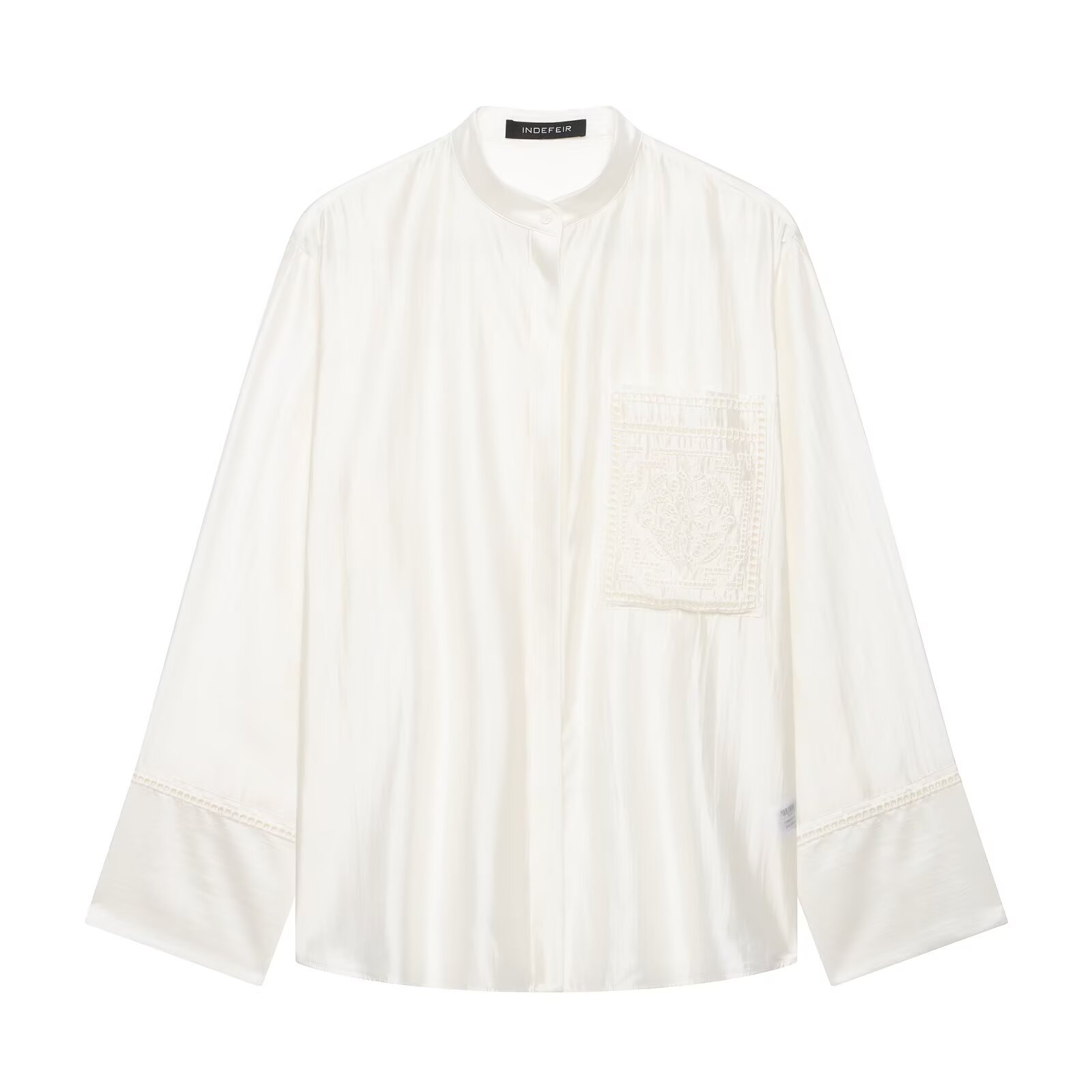 Chemisier élégant texturé BSAY pour femme, col mandarin, patte de boutonnage entièrement ouverte, broderie, poche, manches longues, coupe ample, chemise de bureau