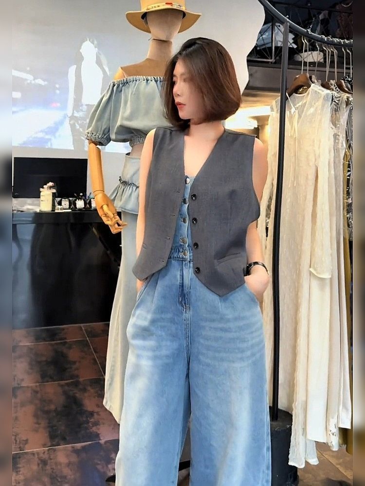 Vestes amples sans manches pour femmes, manteau Simple avec nœud gris, à la mode, Y2k, col en v, hauts à simple boutonnage, nouvelle collection
