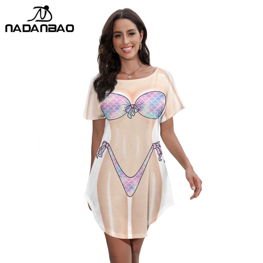 Nadanbao – robe de plage sirène pour femmes, imprimé corps, Baggy, motif drôle, maillot de bain, manches courtes, chemise de plage, été
