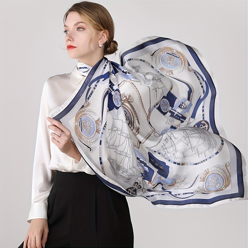 Grande écharpe carrée de luxe à imprimé nautique, fine, respirante et soyeuse, foulard de protection solaire de Style glamour