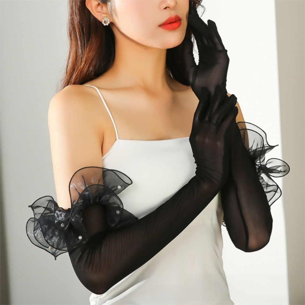 Gants longs en soie noire tendance avec dentelle transparente et perles, gants d'étiquette, manches de protection solaire pour femme