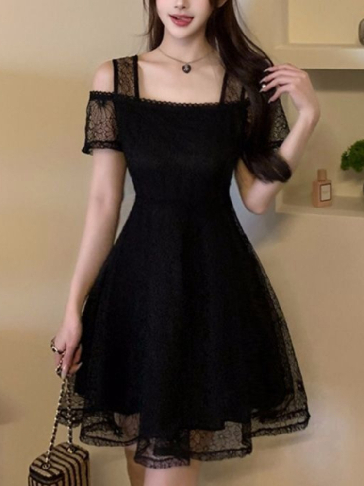 Robe d'été en mousseline pour femme, style coréen, pour le bureau, collection 2026, élégante et décontractée, noire, à épaules dénudées