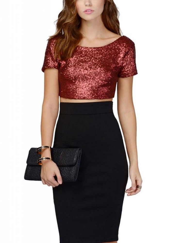 Haut court brillant à manches courtes pour femme, Sexy, couleur unie, col rond, confortable, Vintage, pull de soirée, Streetwear