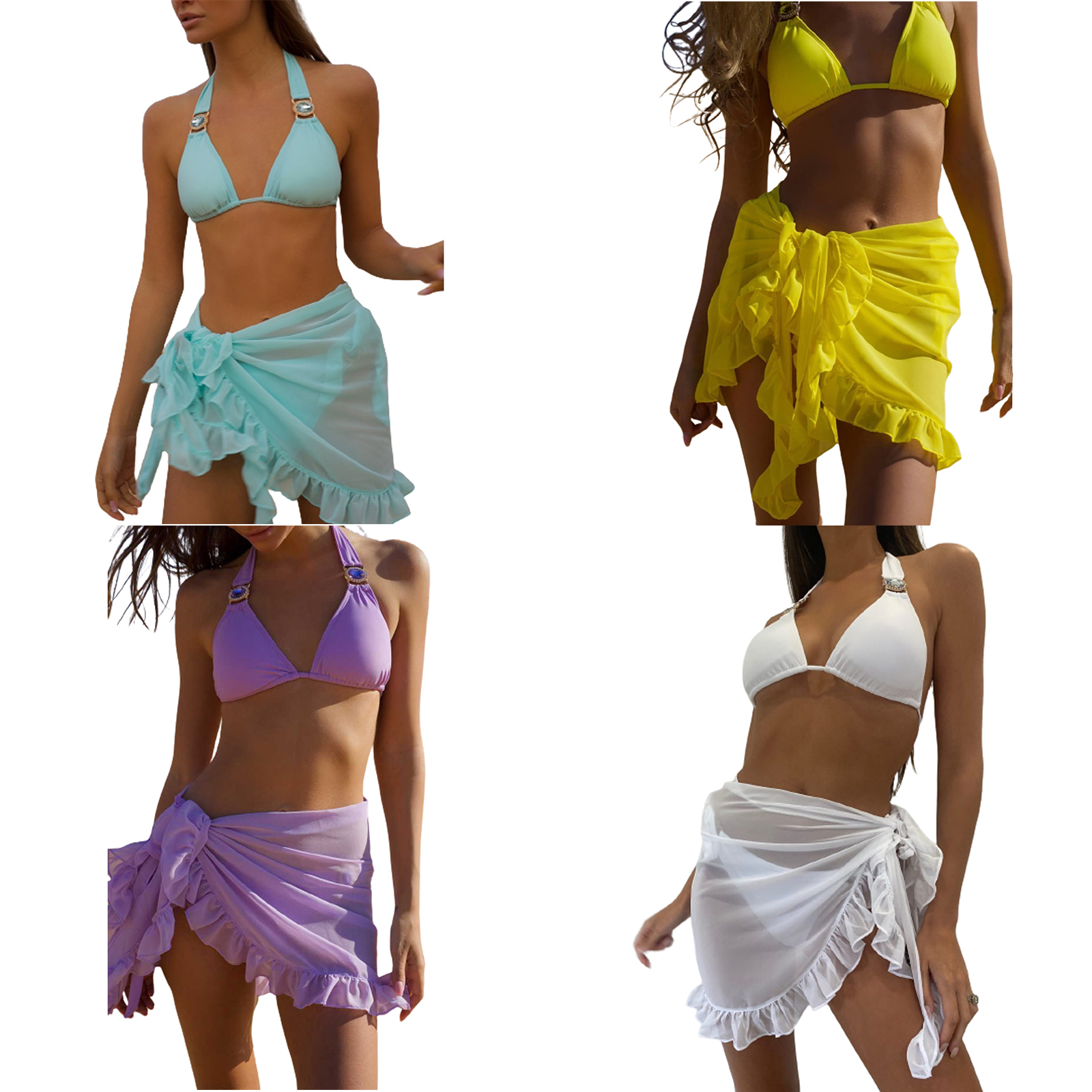 Jupe de plage à volants et lacets pour femmes, cover-up pour bikini, Industries ong, couleur unie, été