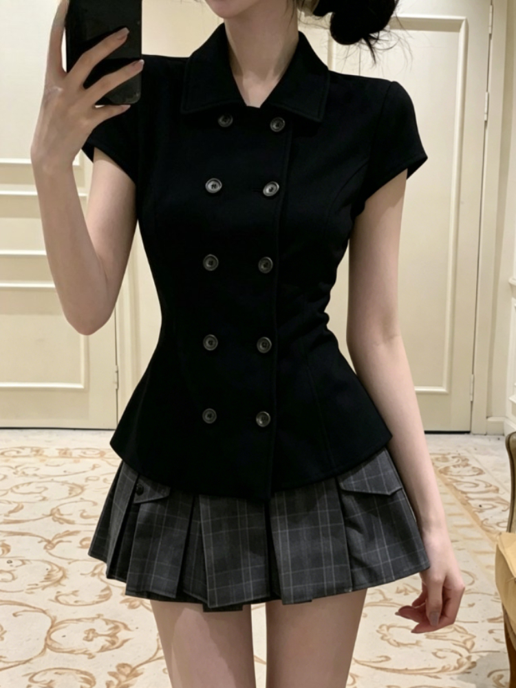 Blazer rétro coréen élégant pour femme, style preppy, à double boutonnage, manches courtes, idéal pour les fêtes, les vacances, le quotidien et le streetwear décontracté
