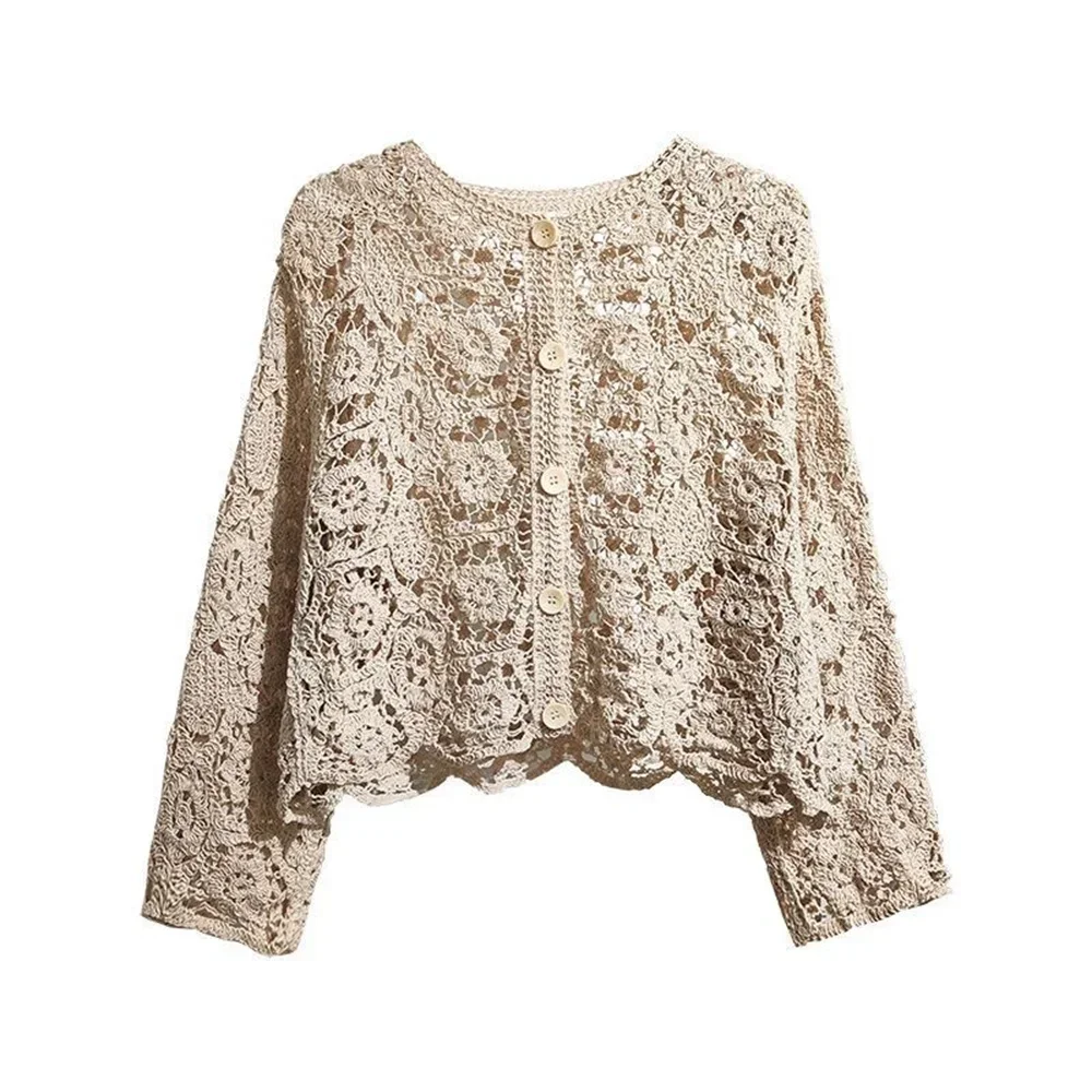 Cardigan en coton et dentelle pour femme, petit châle, col rond, manches longues, couleur unie, décontracté, ajouré, printemps et été, 2024
