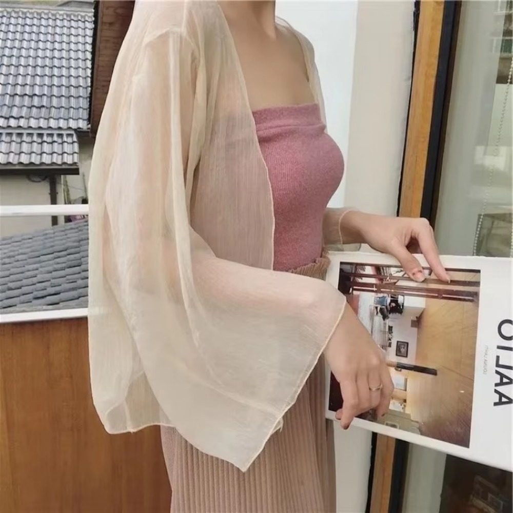 Cardigan décontracté froissé pour femme en mousseline, coupe ample, court, transparent, fin, style châle, veste légère