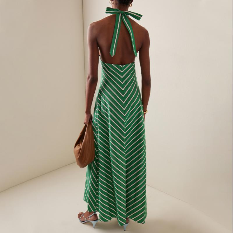 Robe mi-longue d'été pour femmes, Sexy, sans manches, col monté, imprimé rayé, tenue de vacances, style bohème, 2025