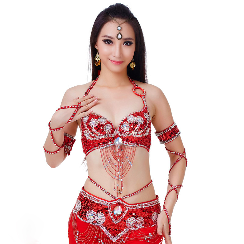 Femmes Sexy danse du ventre perlé haut soutien-gorge et ceinture 2 pièces Costume de danse du ventre tenue ensemble femme Bollytwood danse Costume 11 couleurs