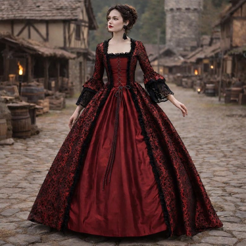Robe maxi gothique médiévale pour femmes, robe de cosplay à col carré en dentelle et manches évasées de la Renaissance