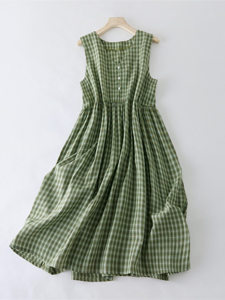 Robe mi-longue à carreaux en fibre de coton pour femmes, mode coréenne et japonaise, mode de rue décontractée, robe de travail élégante pour dames, été