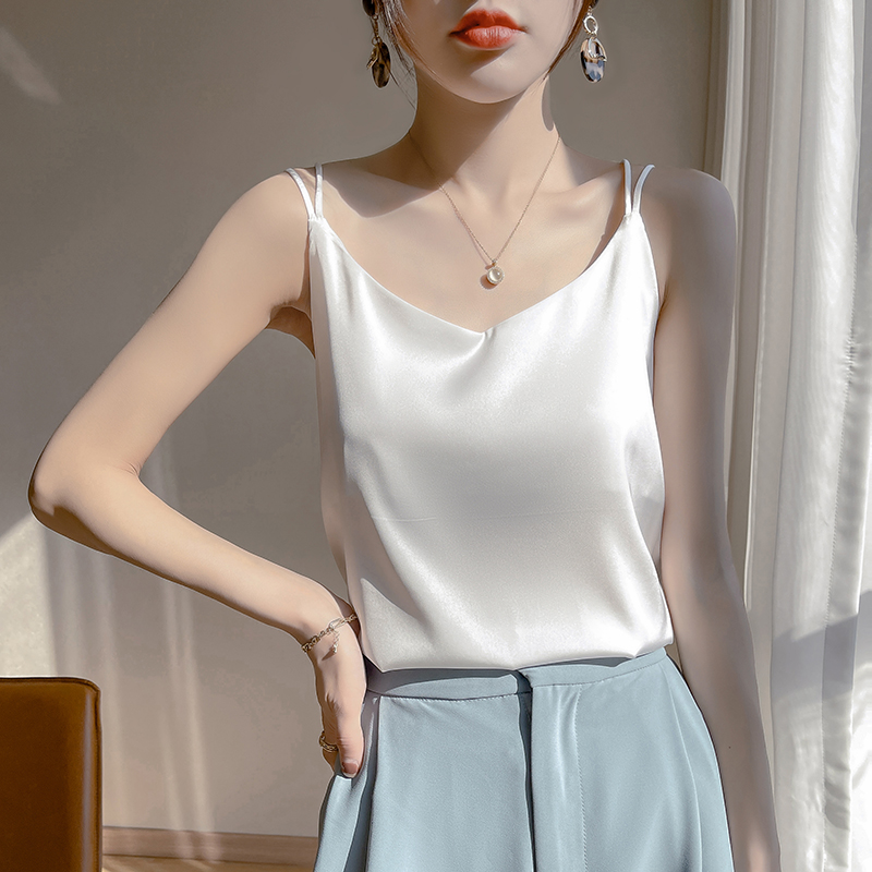 Camisole en Soie Véritable Col V pour Femme, Couleur Unie, en Soie de Mûrier d'Été, Coupe Ample, à Porter en Extérieur, Top Dos Nu