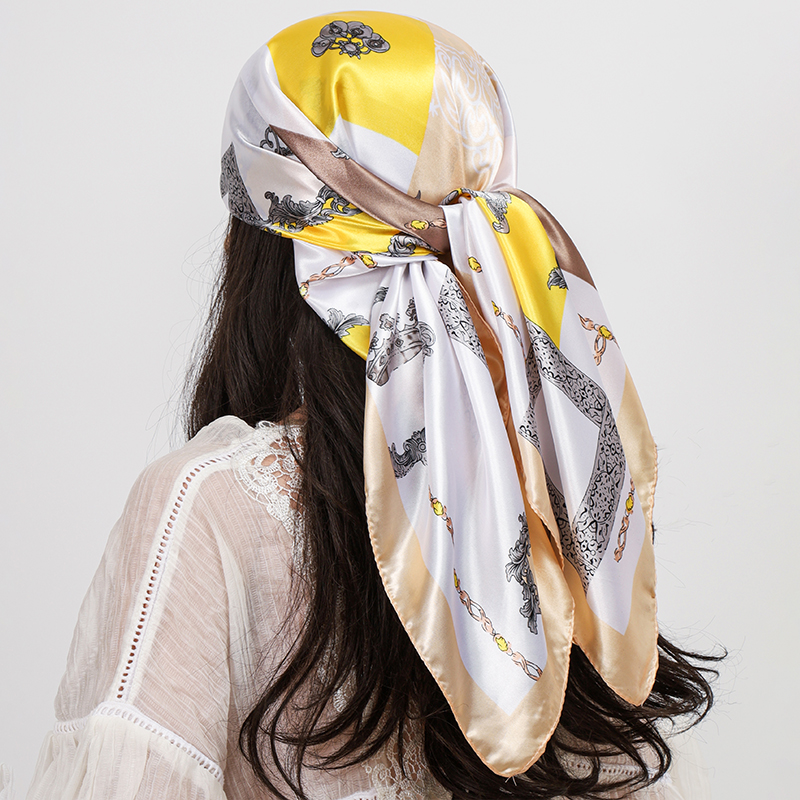 Mode Satin soie carré écharpe impression Design femmes châle et enveloppes bandeau musulman Hijab foulards bandeau de cheveux foulard 90*90 cm