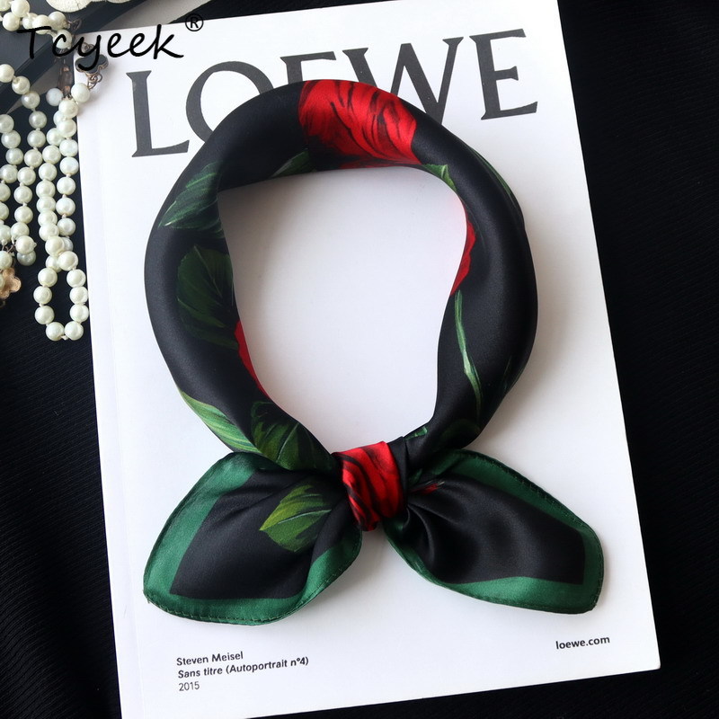 Tcyeek 50*50 cm 100% vraie soie rouge Rose écharpe cadeau de maman élégant foulards foulard carré écharpe 2024 printemps nouveau A3D839QC