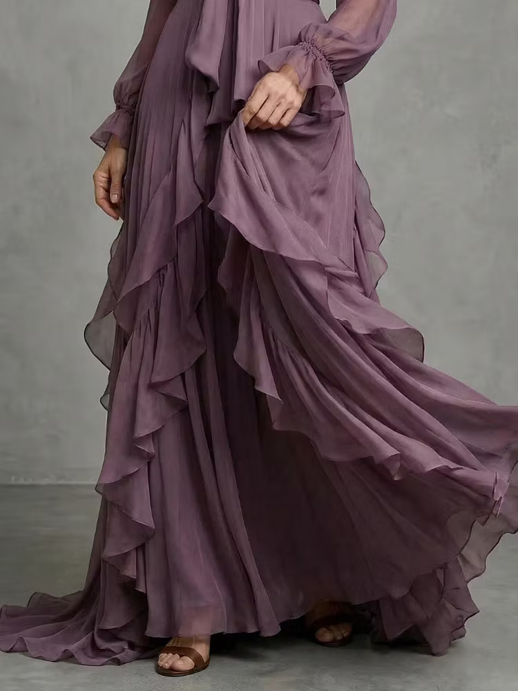 Robe longue élégante en mousseline à volants pour femme, avec nœud, col montant, manches lanternes, taille haute, pour invitées de mariage et soirées
