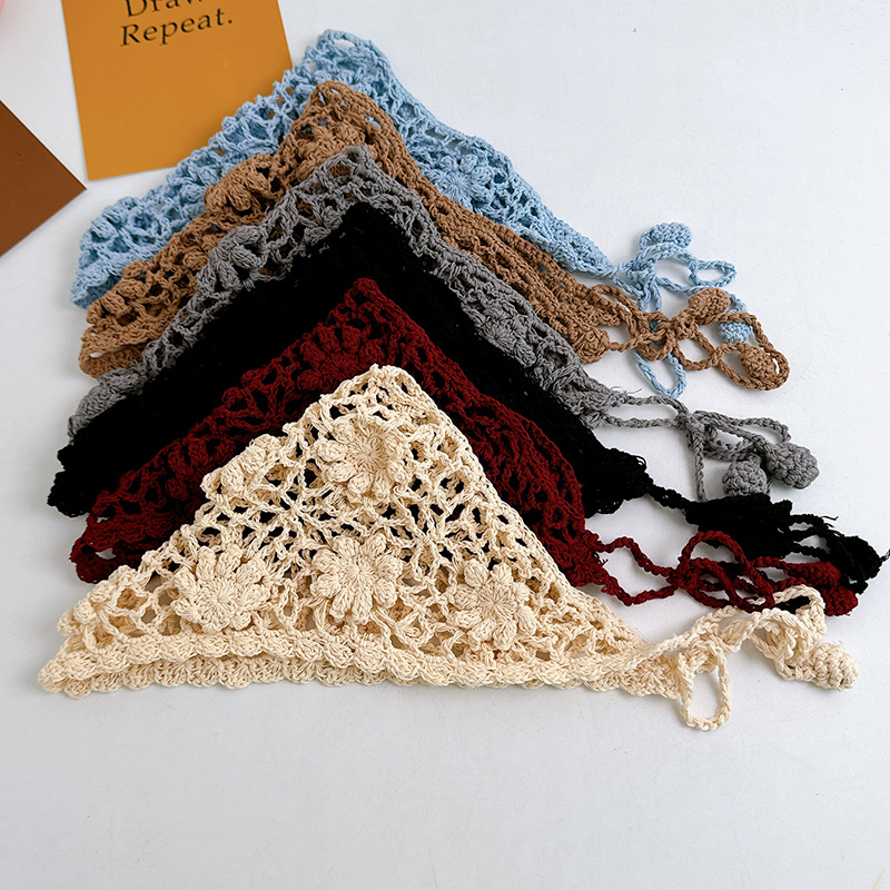 Bohème creux fleur Triangle serviette bandeau femmes à la main fil de coton tissé couvre-chef tricoté bandeau
