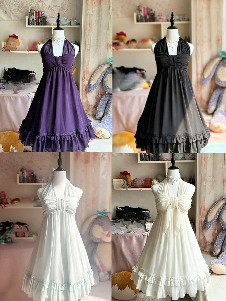 Robe Vintage Kawaii Élégante pour Femme, Col Halter, Buste Froncé, Ourlet à Volants en Dentelle Superposée, Robe Romantique Quotidienne ou de Soirée, Vêtement Féminin