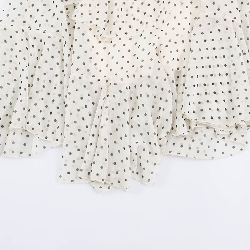 YENKYE Robe élégante pour femmes, patchwork, à pois, à volants, avec ceinture, col rond, sans manches, longueur midi