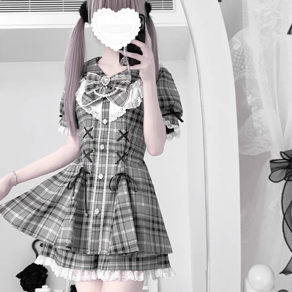 Ensembles jupe et haut à manches courtes Kawaii pour femmes, style Y2K, taille haute ajustée, nouvelle robe chic à carreaux gris, Jirai Kei, ensemble 2 pièces été