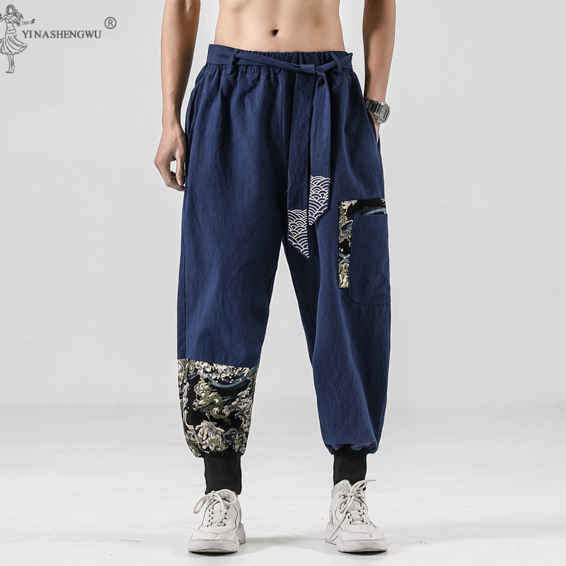 Costume de samouraï en coton et lin pour hommes, kimono japonais, ceinture imprimée Ukiyo-e, sarouel rétro, Haori Baggy, fjHarajuku, Hip Hop