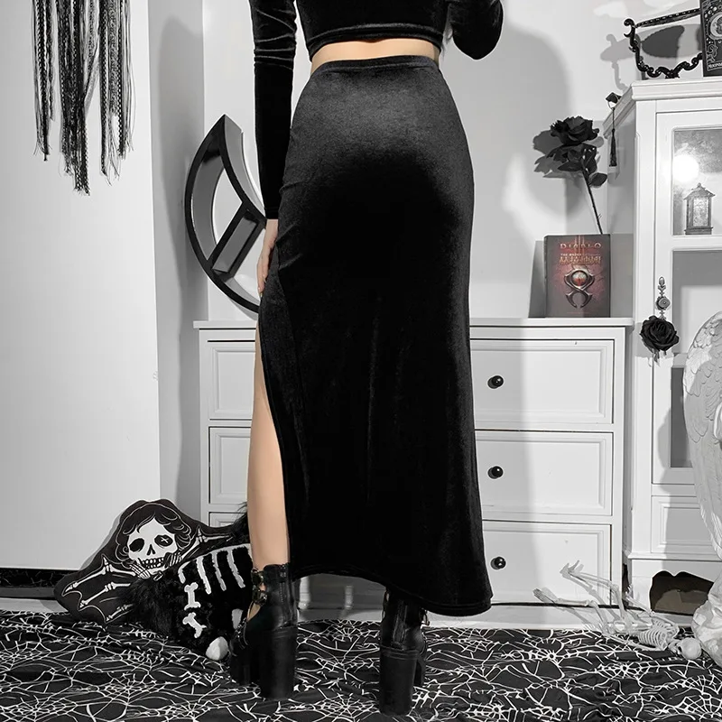 Jupe longue de fête chic pour femme, style punk, nouvelle collection, taille haute, coupe ajustée, avec nœud sexy et fente latérale, longueur genou, idéale pour Halloween