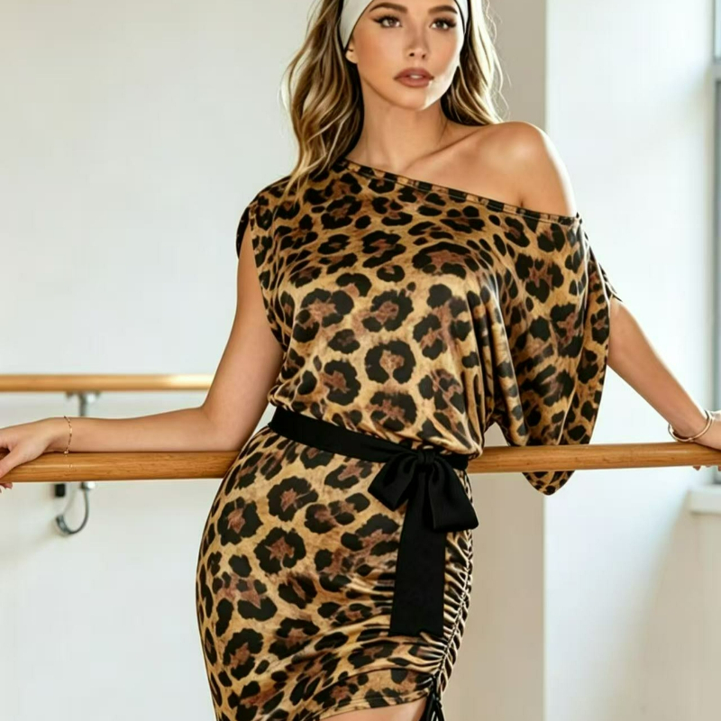 Robe de danse latine sexy pour femmes, imprimé léopard, jupe à ceintures, costume de cowgirl, Cha Cha, vêtements de scène et de pratique de danse de salon