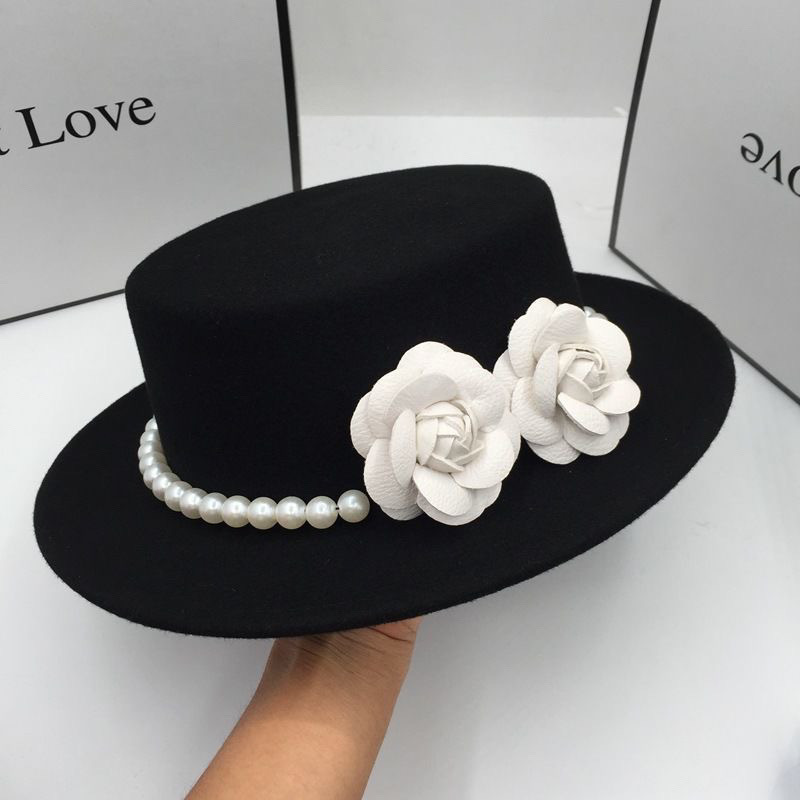 Chapeau haut de forme français à grand bord pour femme, style rétro élégant, Fedora plat, perle florale britannique, chapeau à large bord, photographie, noir