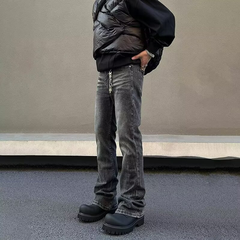 Jean noir délavé de rue américaine pour hommes, pantalon micro évasé élastique, coupe droite, élégant et coupe droite
