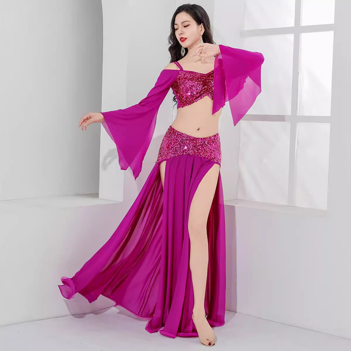 Tenue de danse du ventre élégante, Costume à paillettes Ablaze, jupe longue brillante, ensemble de 2 pièces de danse orientale, tenues de danse de groupe de classe pour filles