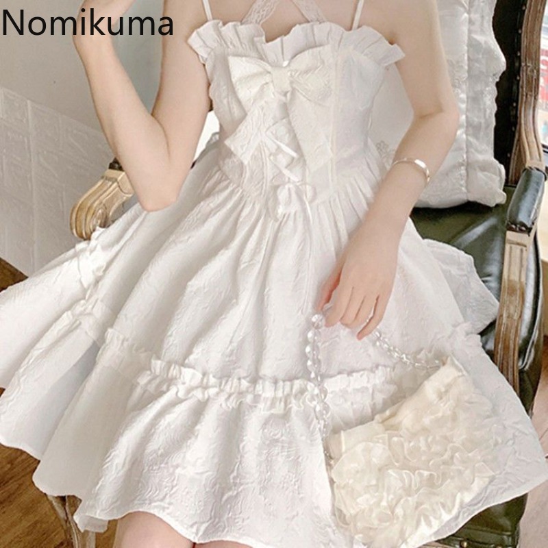 Robe d'été mignonne pour femmes, Style Lolita, douce japonaise, à bandes, avec nœud, à volants, blanche, 2025
