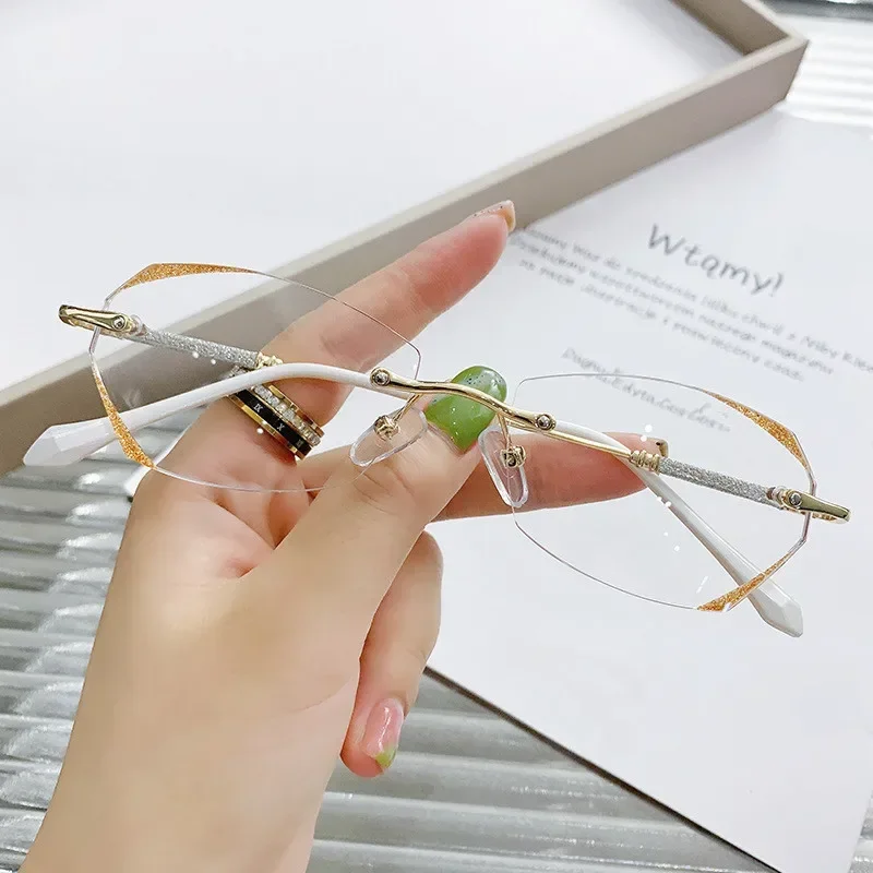 Lunettes de lecture de luxe sans monture, verres HD anti-lumière bleue, style vintage, ultra-légères et haut de gamme pour femmes