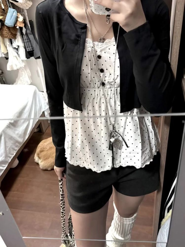 Mode coréenne 2 pièces ensemble Design à manches longues Cardigan court mince Camisole à pois gilet hauts costume décontracté Chic