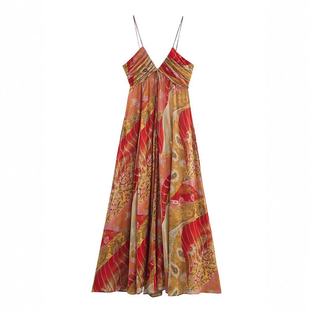 PRINTKAOIR imprimé femmes Robe longue dos nu plis a-ligne grand ourlet Robe 2025 été élégant femme fête vacances robes