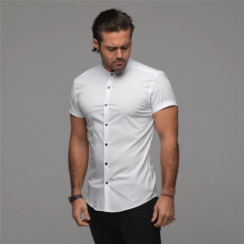 Hommes chemise à manches courtes été plaine coupe ajustée chemises habillées Fitness hommes vêtements de sport mode décontracté Stand Social chemises d'affaires