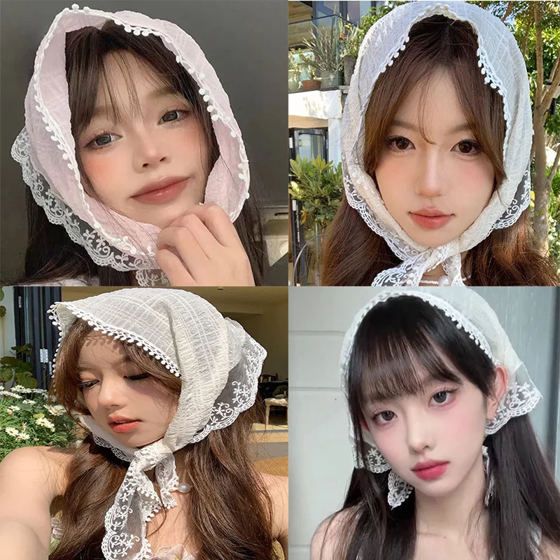 Été blanc tissé dentelle florale cheveux écharpe enveloppes femmes rétro Triangle foulard chapeau voyage Photo bandeau cheveux accessoires