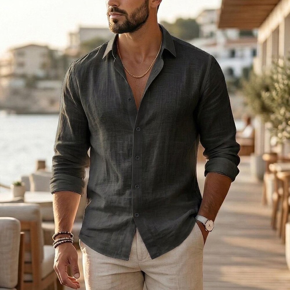 Chemise à manches longues pour hommes, en coton et lin, confortable, légère, style vacances, coupe ample, col à revers, chemises décontractées pour tous les jours