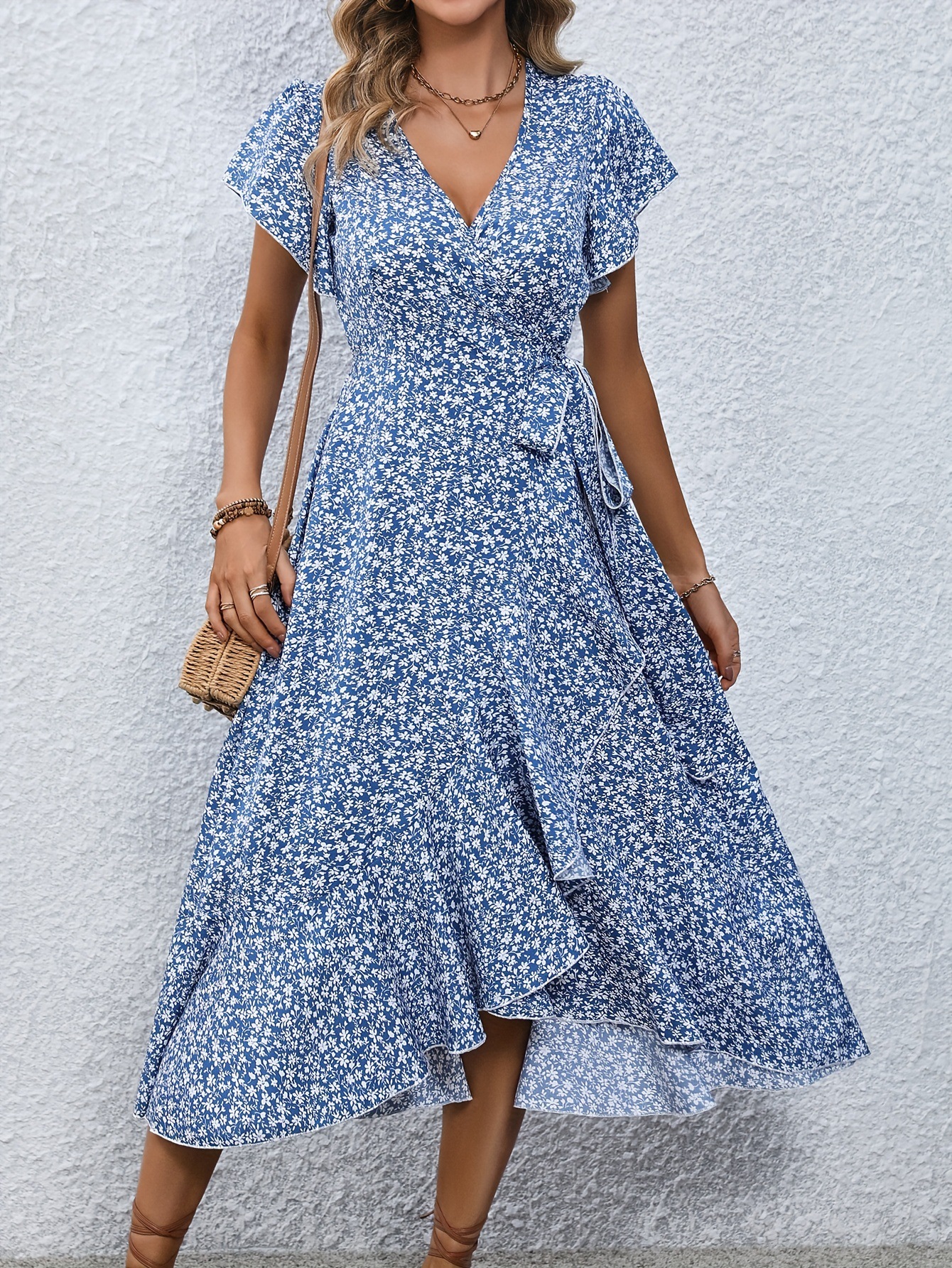 Robes d'été pour femmes, Sexy, col en V, manches courtes, taille haute irrégulière, à lacets, imprimé floral, robes de plage décontractées