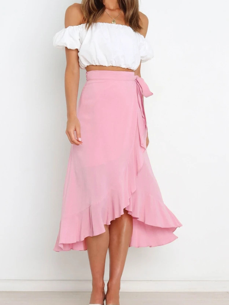 Longue jupe en mousseline de soie rose pour femmes, tenue d'été à lacets irréguliers, couleur unie, taille haute, moulante, noire, 2026
