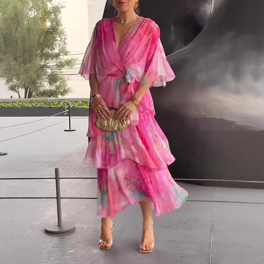 Robe gâteau femmes robes longues une ligne robes Streetwear Y2k col en V demi manches élégant taille haute fête nuit plage été 2025