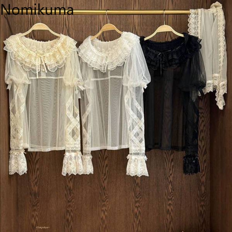 Chemisier japonais vêtements pour femmes 2025 Camisas De Mujer Style Lolita dentelle gaze nœud chemises d'été voir à travers volants hauts doux