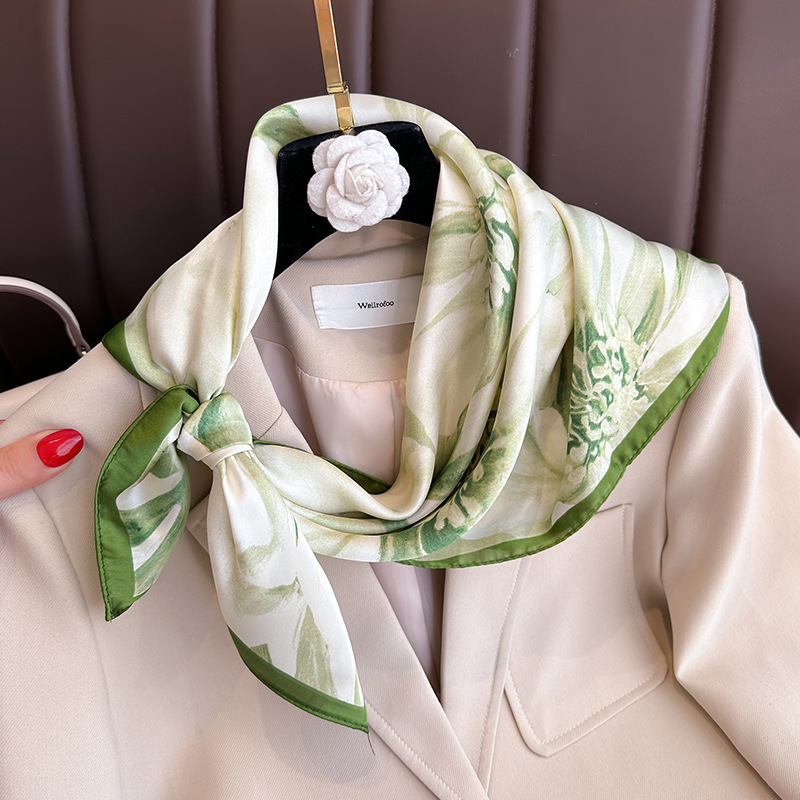 70*70 cm vert imprimé fleuri soie carré écharpe pour femmes doux foulards foulard bandeau femme bandeau mains foulard Hijab
